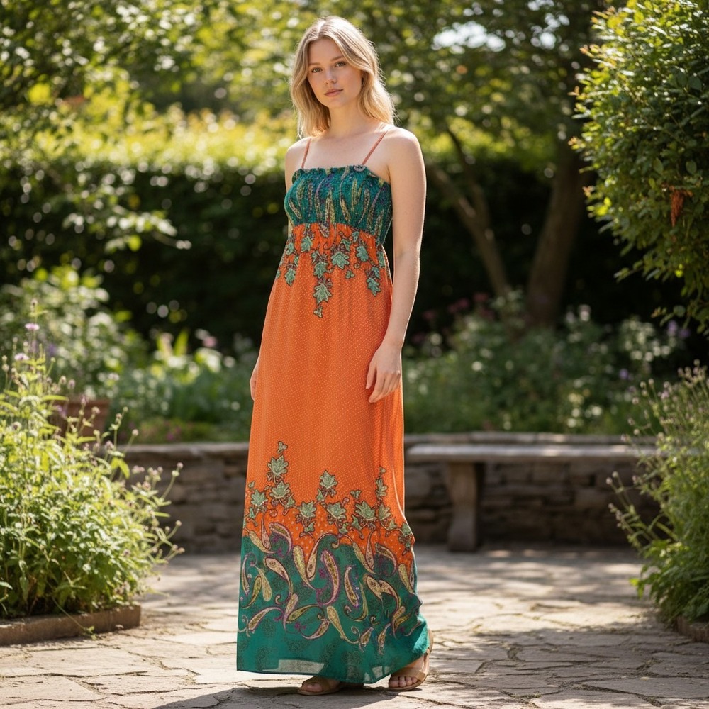 Arden B Maxi Dress Women Orange Green Paisley Boho Smocked‎ Spaghetti Strap